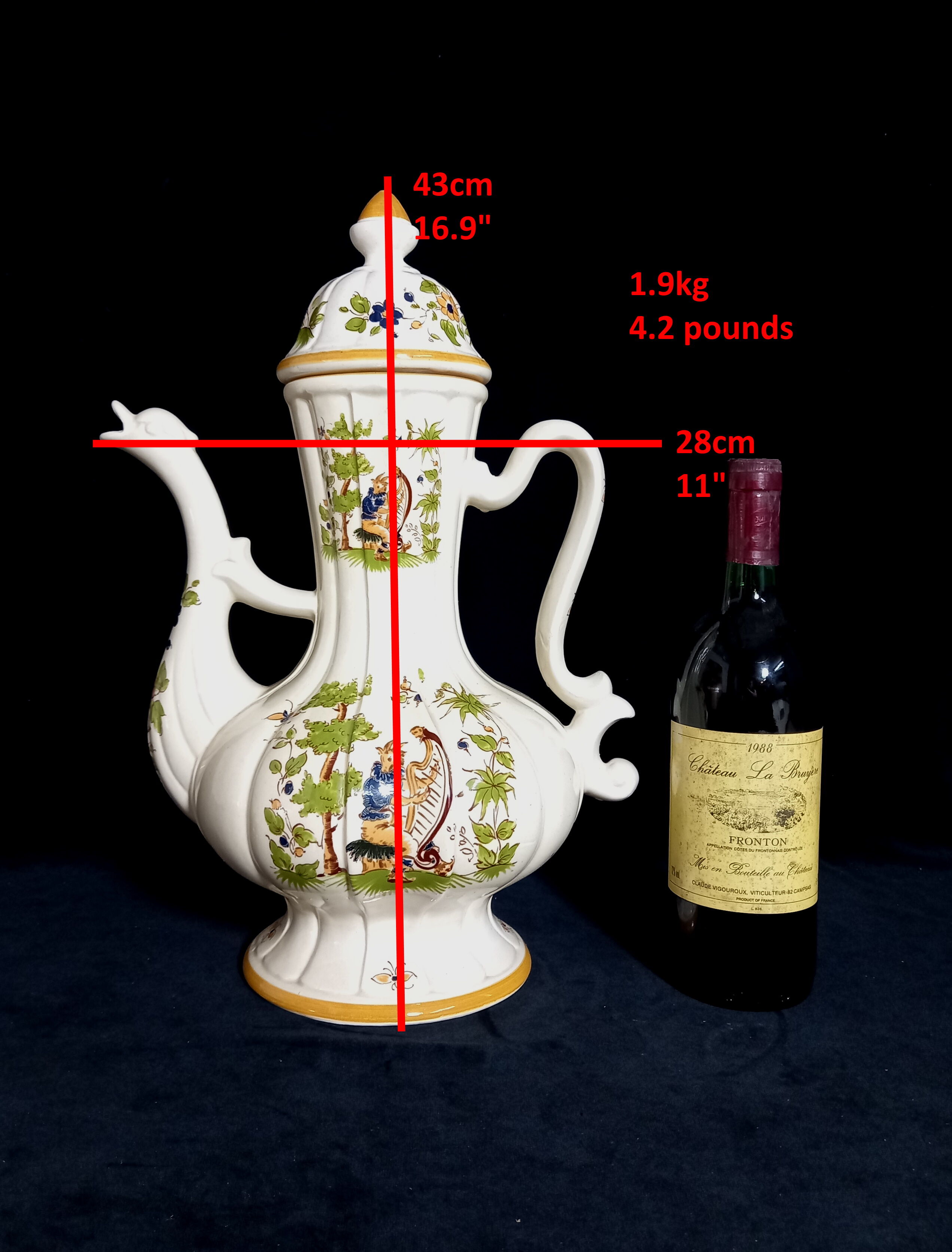 Faience ewer with dragon's head spout - decor 'vieux moustier'