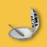 Vintage silver-plated metal and glass shell butter dish with knife