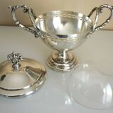 Antique trophy-shaped sugar bowl, silver-plated metal and glass verrine