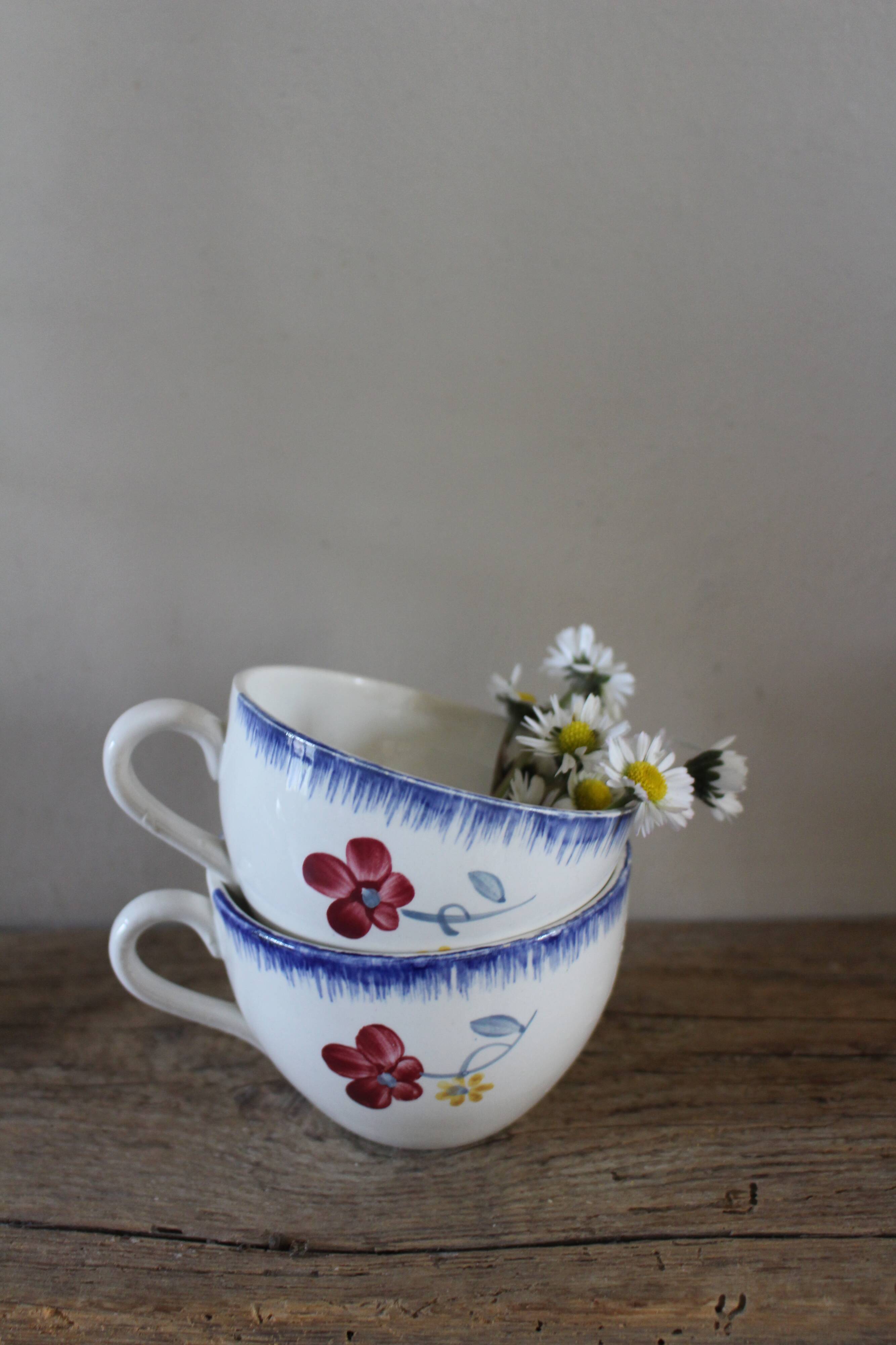 A set of two Digoin earthenware cups with blue, red, and yellow flowers.