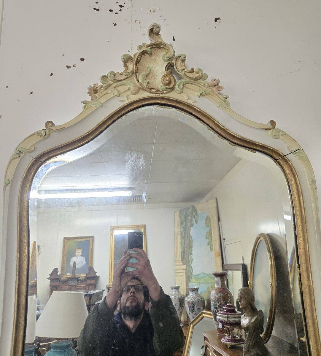 Console + grand miroir de style Louis XV en bois laqué et doré