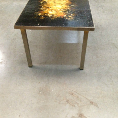 Wrought iron coffee table, bronze and marble