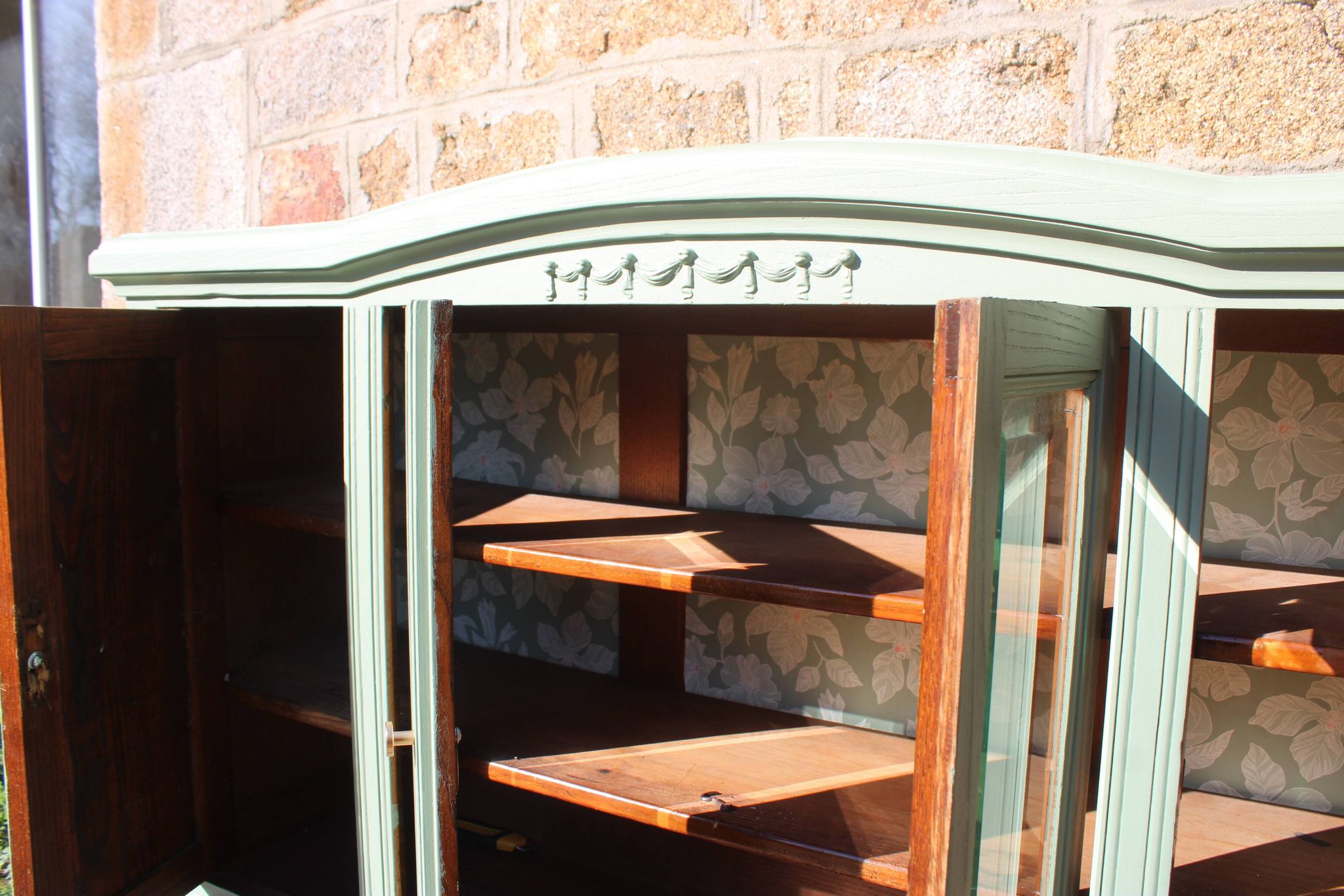 Renovated vintage sage green enfilade – wooden legs & bevelled display cabinets