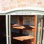 Renovated vintage sage green enfilade – wooden legs & bevelled display cabinets
