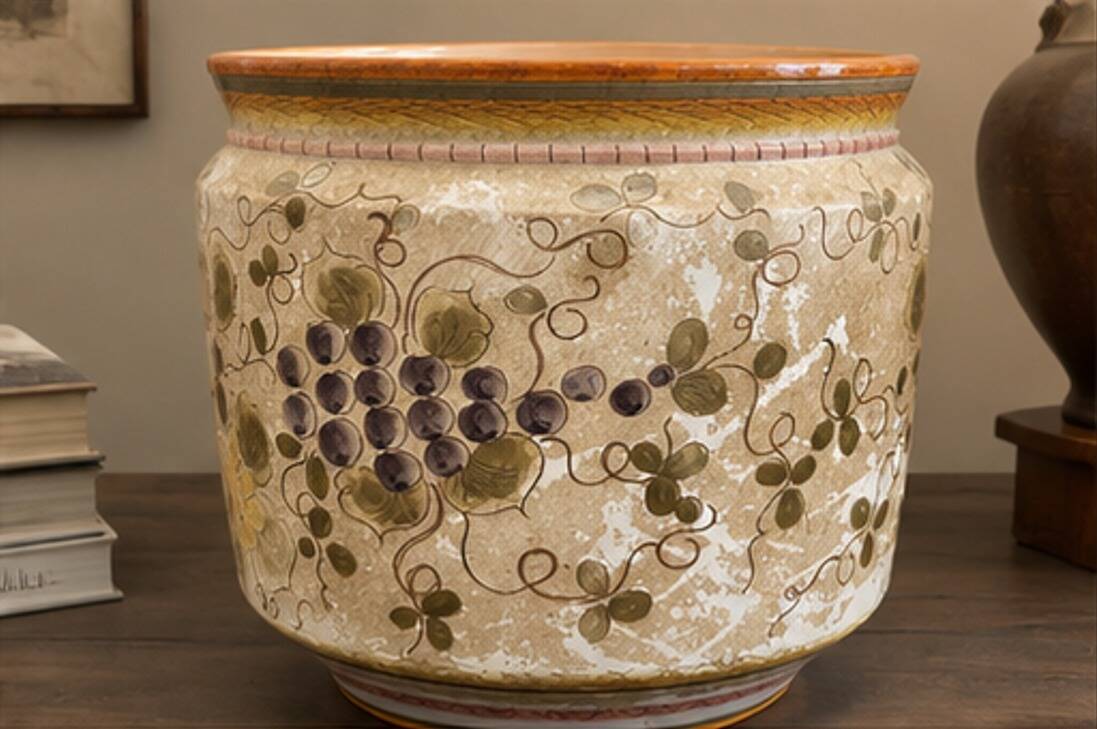 Large Italian Hand-Painted Ceramic Jardinière with Floral and Grape Motifs,