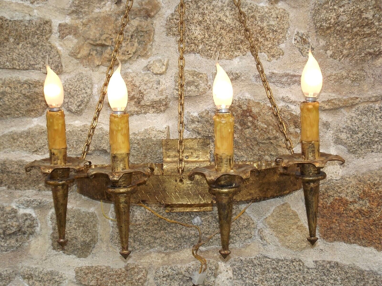 French medieval gold hand forged wrought iron 4 light hanging wall light 3894