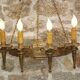 French medieval gold hand forged wrought iron 4 light hanging wall light 3894