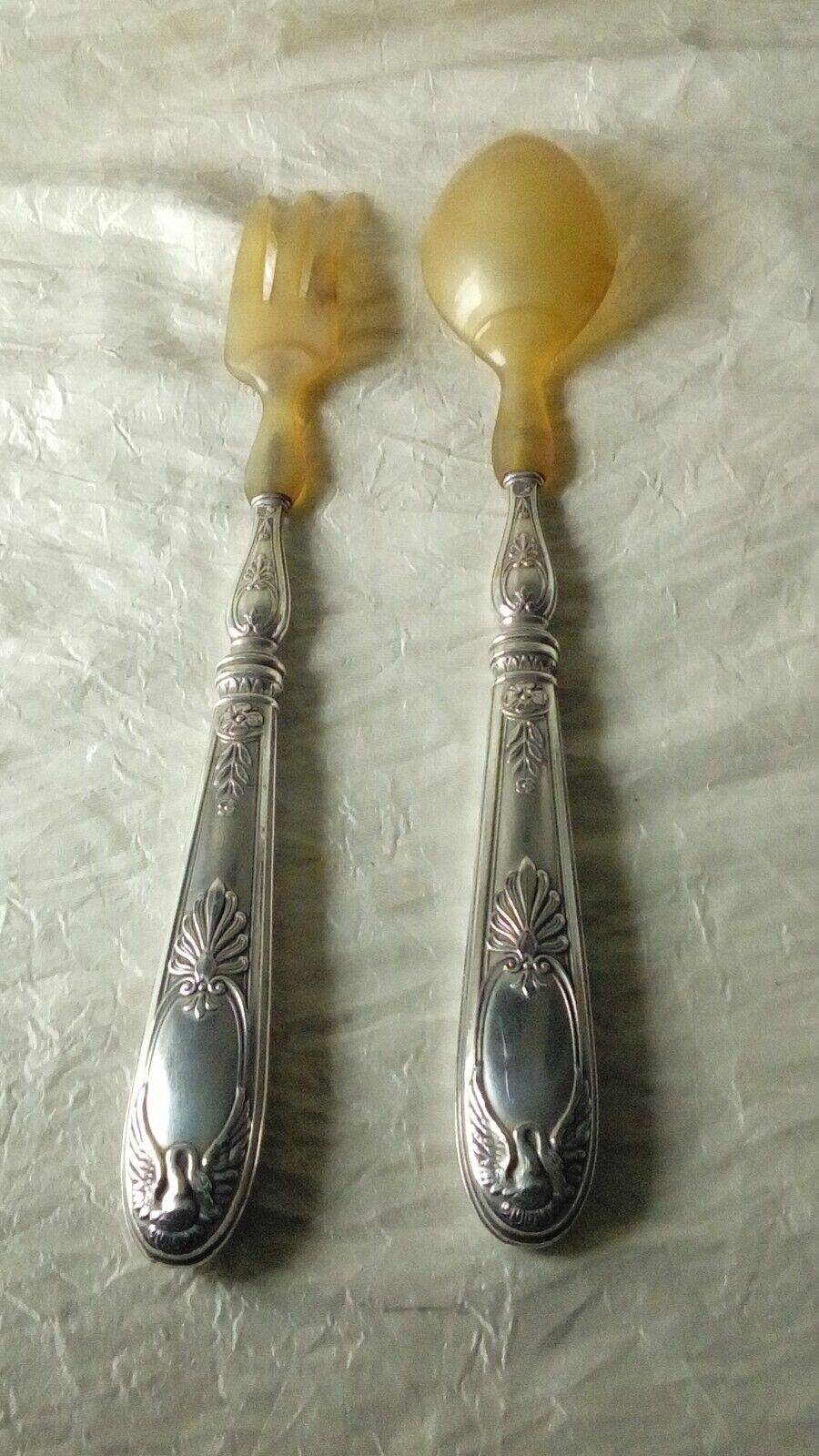 Horn salad cutlery, silver handle, late 19th century