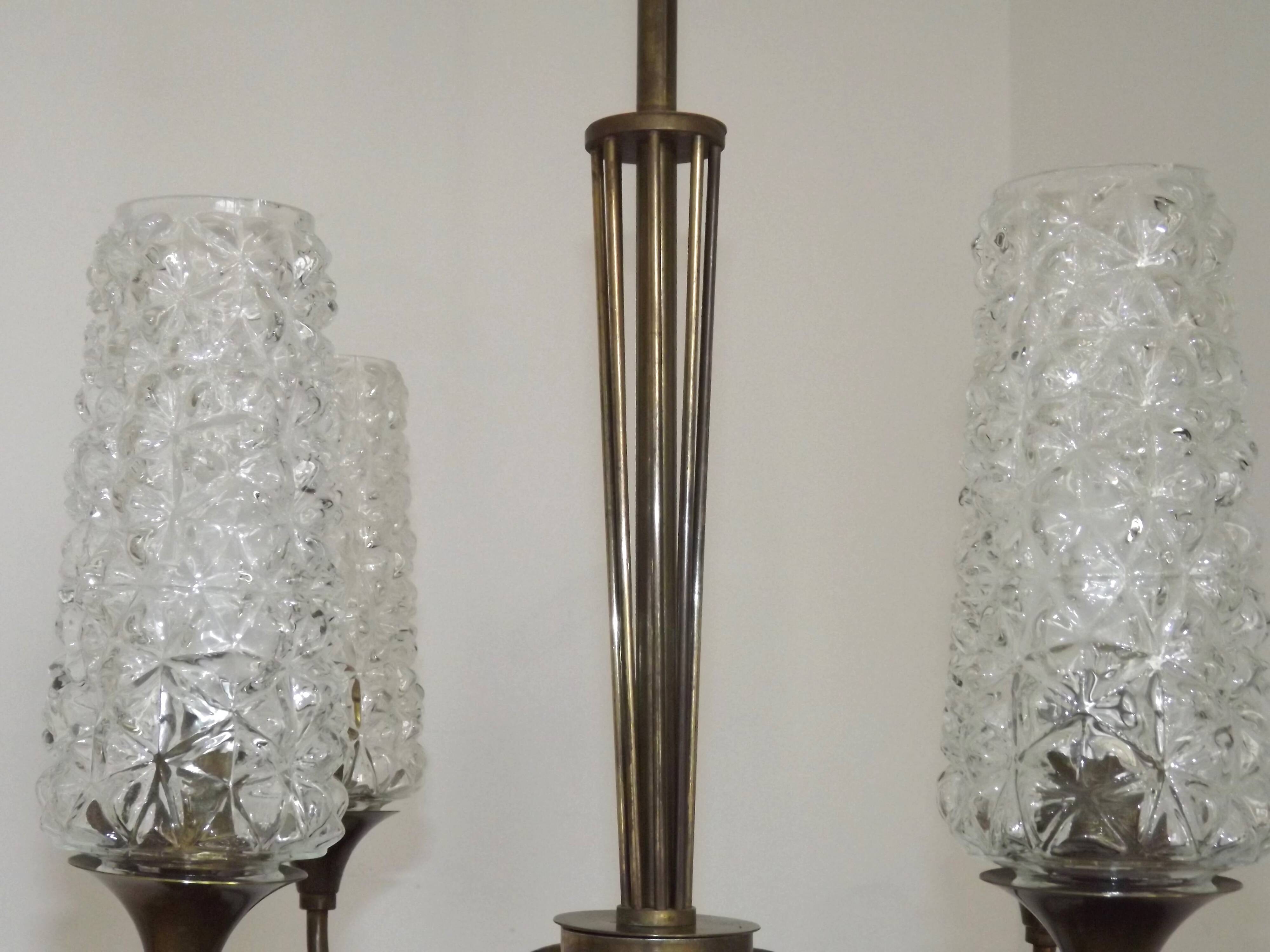 French vintage retro chandelier with 4 lights in brass and bronze with cut glass shades.