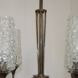French vintage retro chandelier with 4 lights in brass and bronze with cut glass shades.