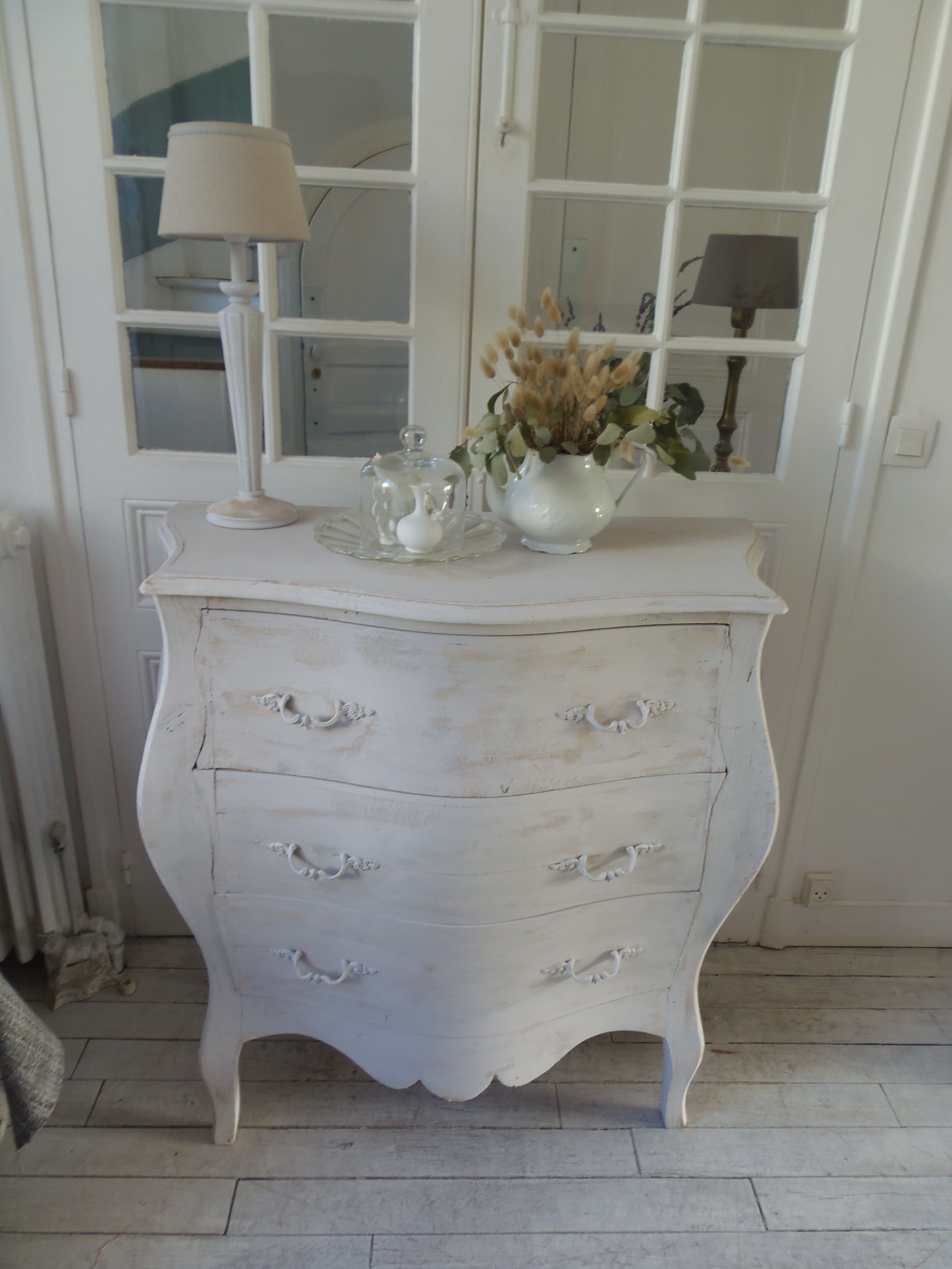 Curved patinated chest of drawers pearl grey waxed finish