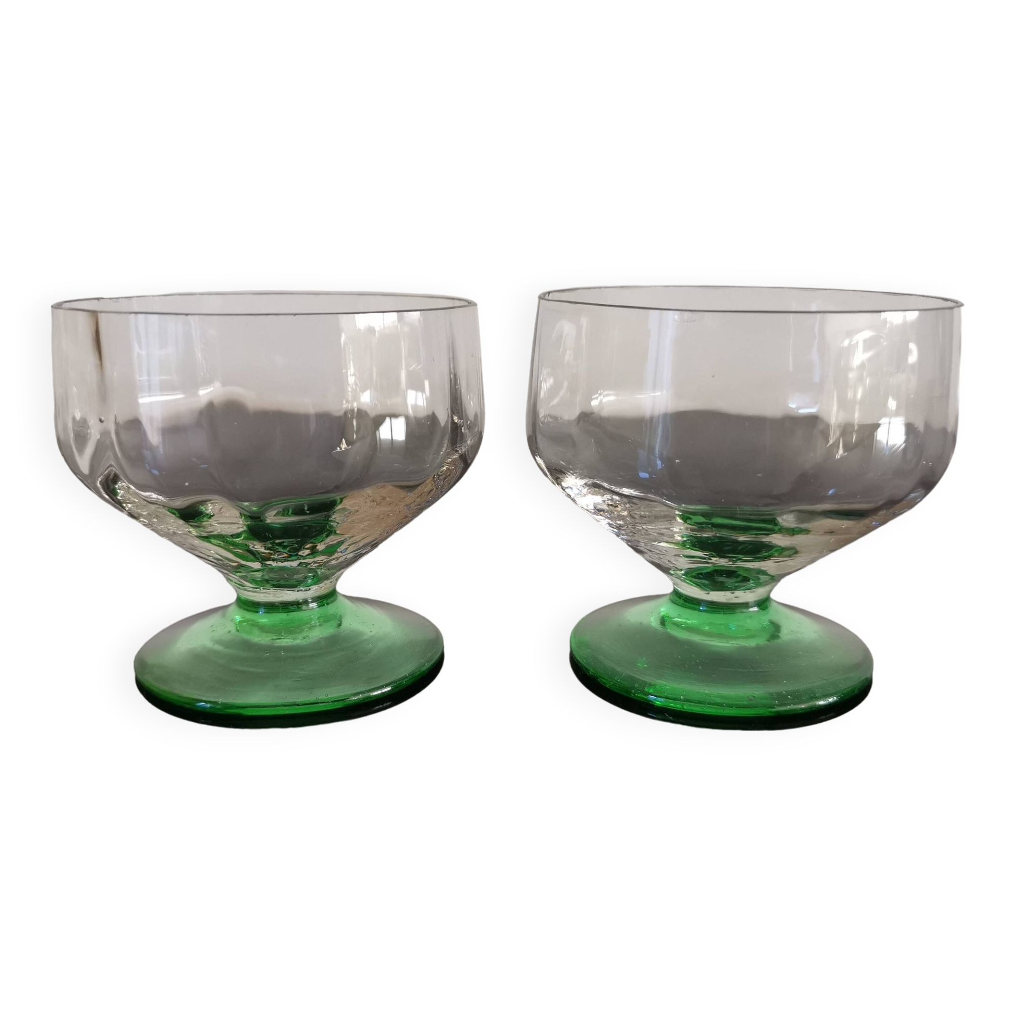 2 faceted champagne glasses with green feet, 1930s