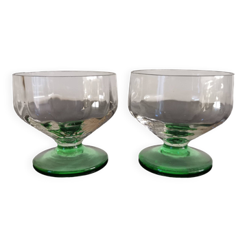 2 faceted champagne glasses with green feet, 1930s