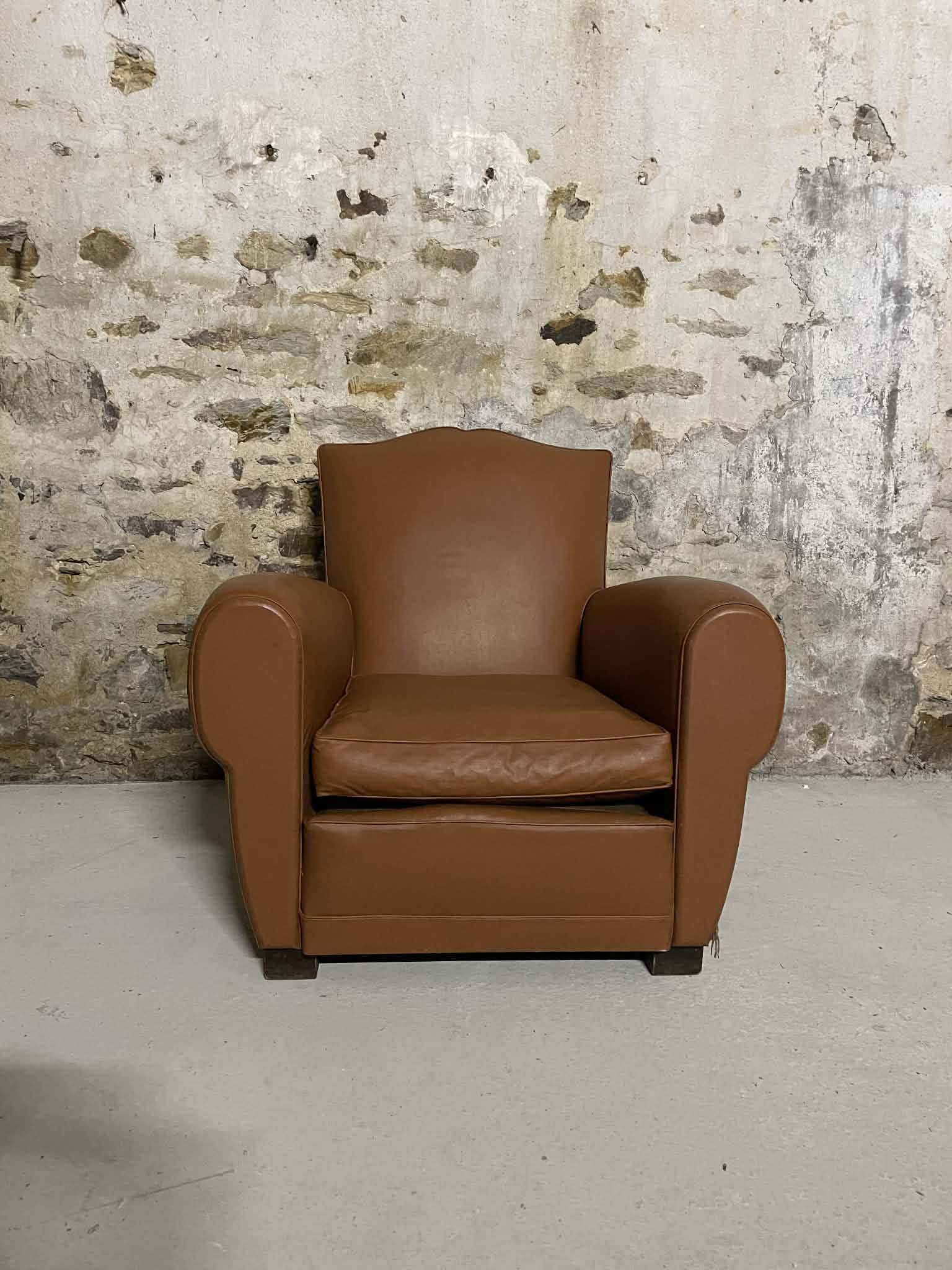 Pair of vintage club style armchairs in camel faux leather.