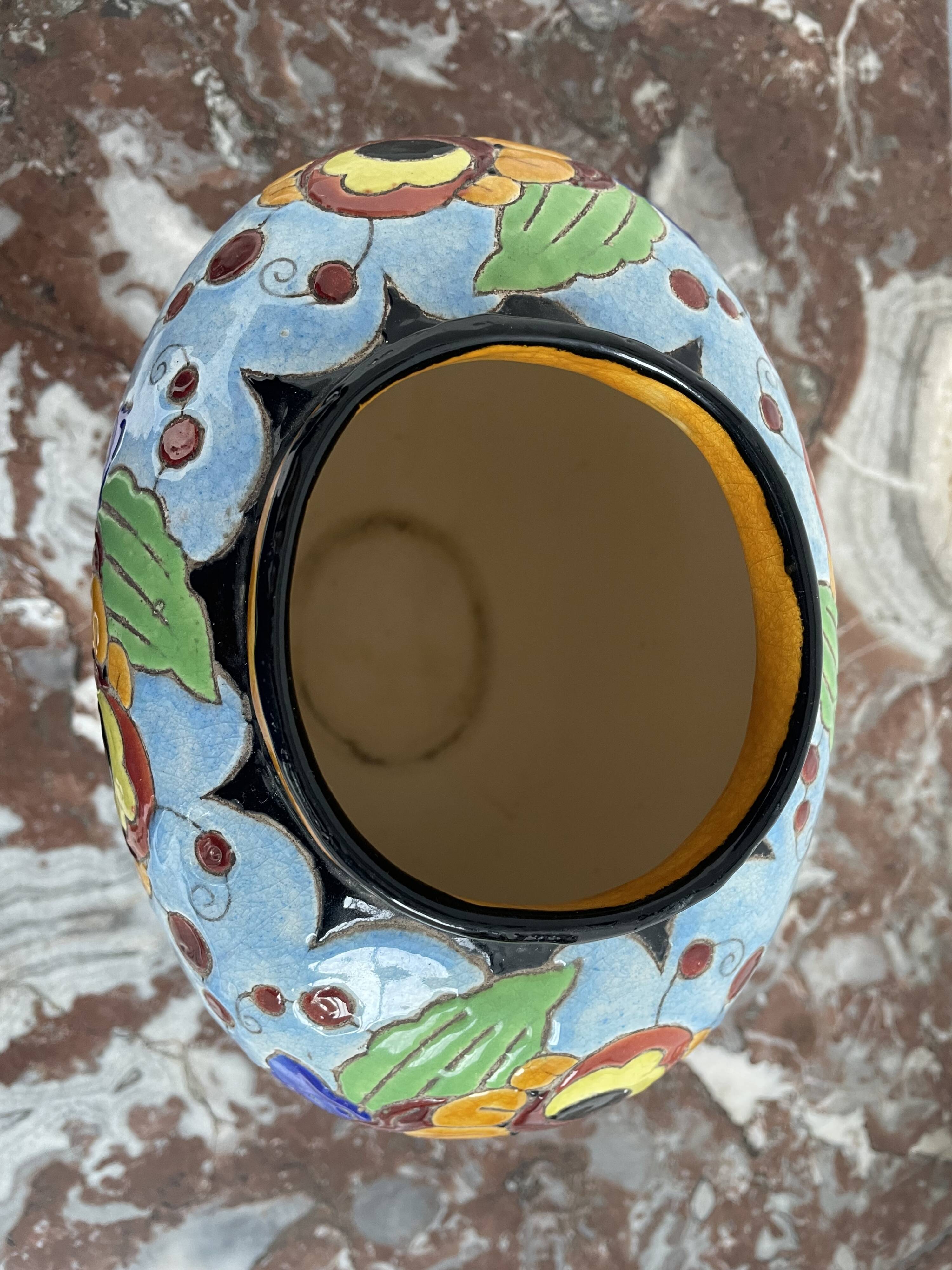 Ovoid vase, charles catteau, keramis, art deco period, fine earthenware, floral enamel decoration, vase col