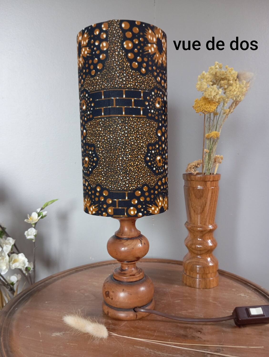 Vintage turned wood table lamp, ethnic chic wax drum lampshade