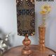 Vintage turned wood table lamp, ethnic chic wax drum lampshade