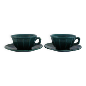 Set of 2 vintage green cups + saucers