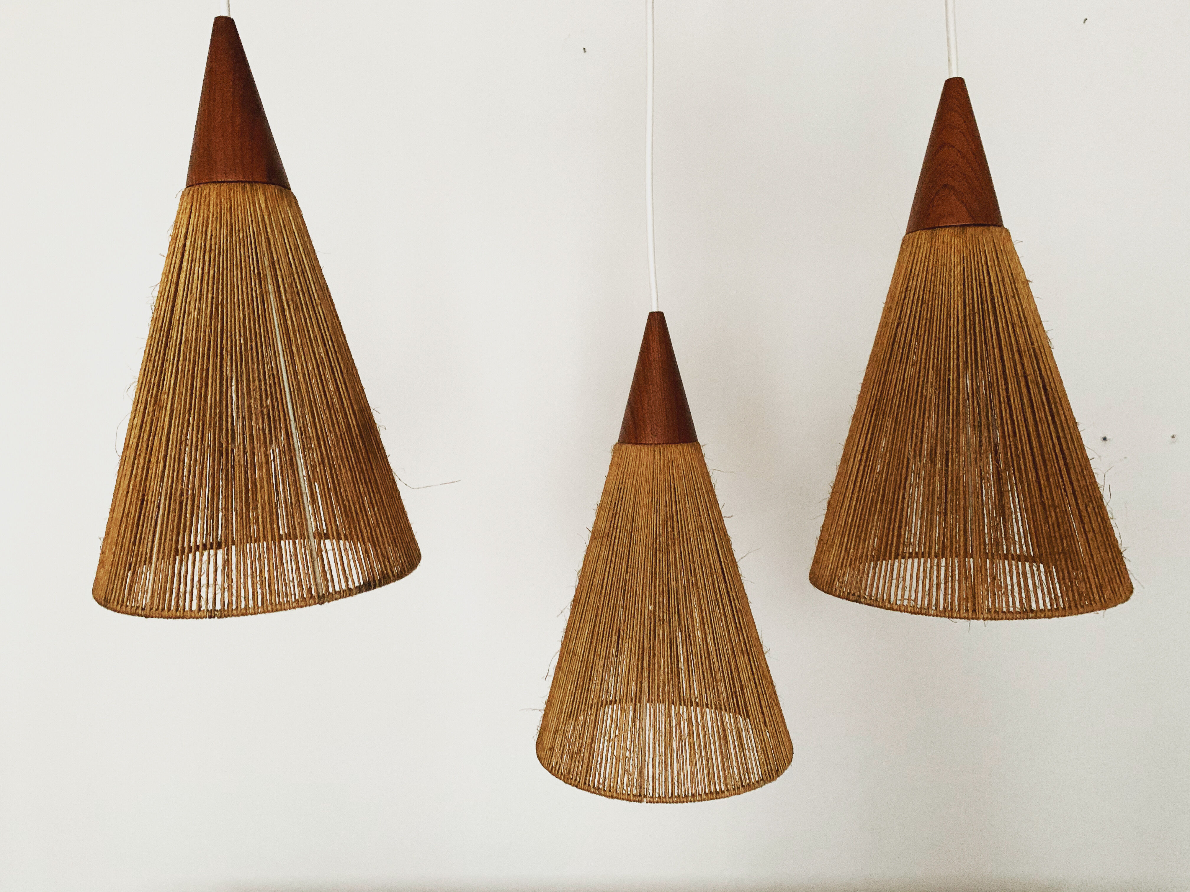 Teakwood and raffia bast cascading lamp by Rispal
