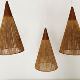 Teakwood and raffia bast cascading lamp by Rispal