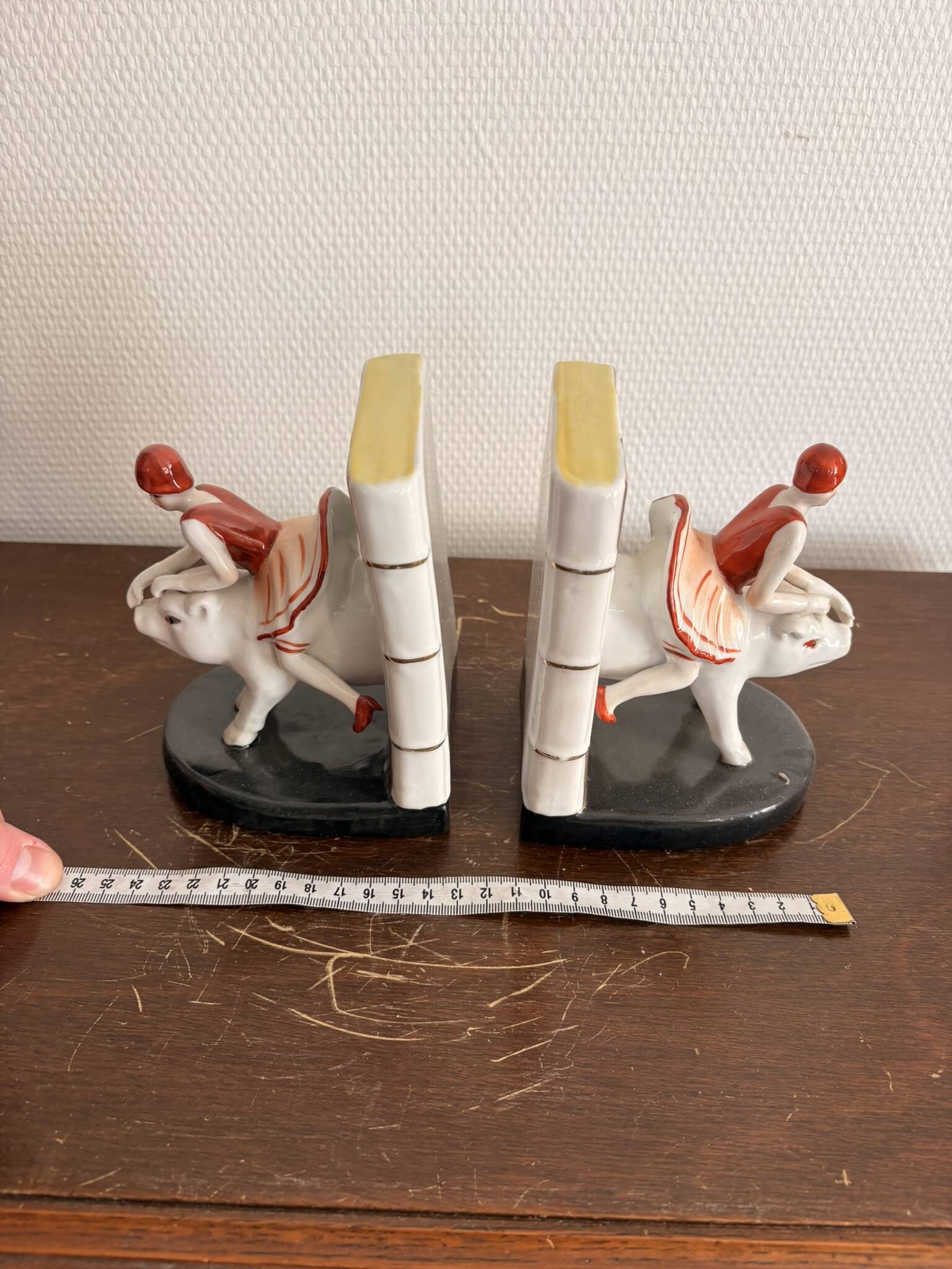 Old Pair of Bookends Porcelain White Girl Woman Equestrian Pig Art