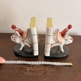 Old Pair of Bookends Porcelain White Girl Woman Equestrian Pig Art