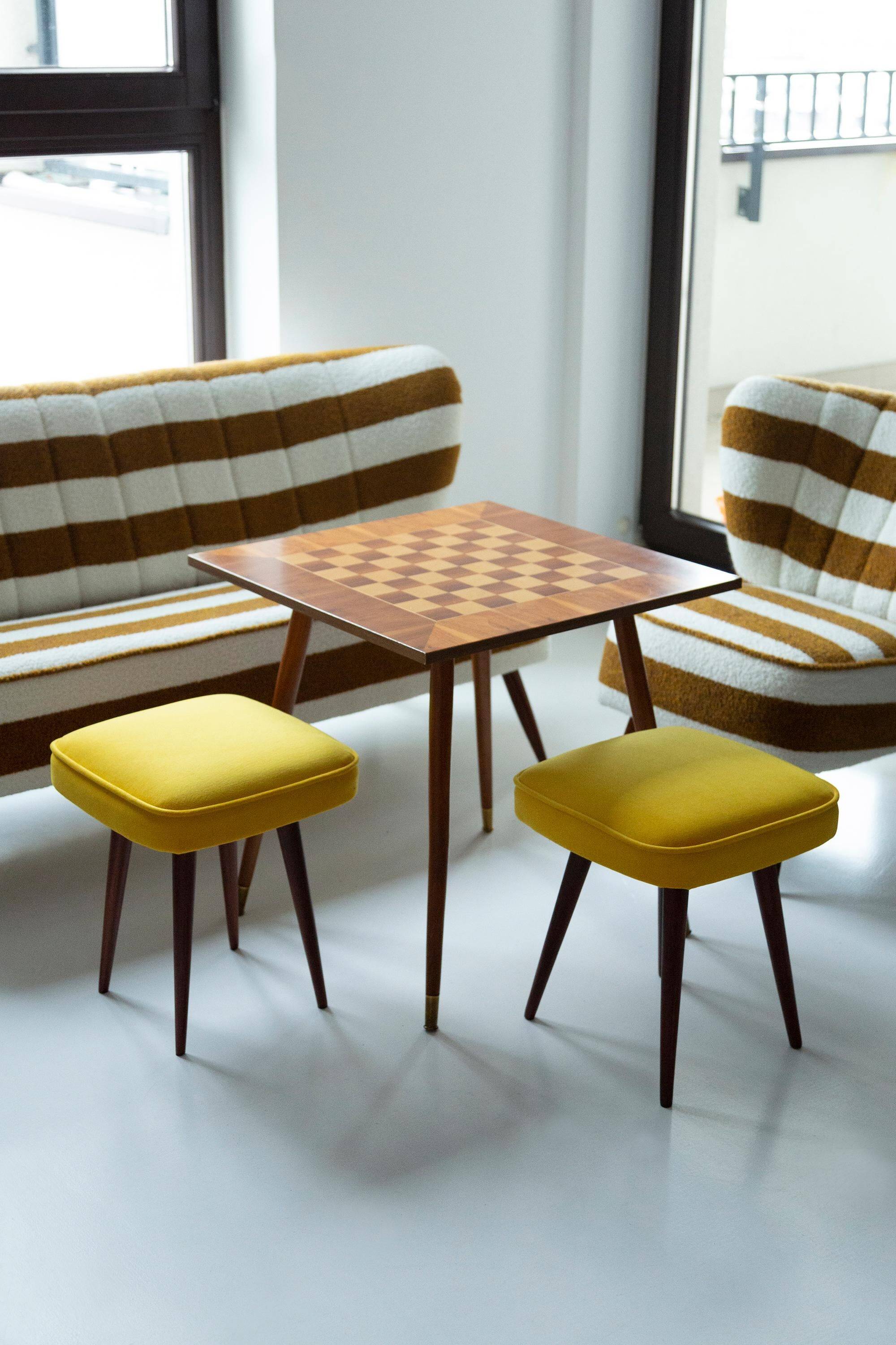 Mustard velvet stool, Mid-Century, Poland, 1960s