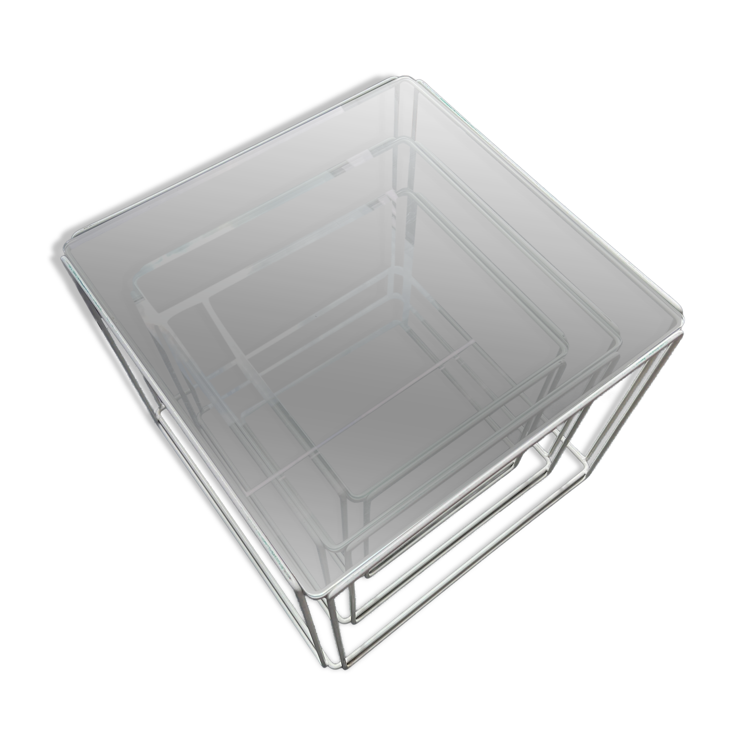 3 nesting tables by Max Sauze for Isocèle – 1970s – white metal & glass