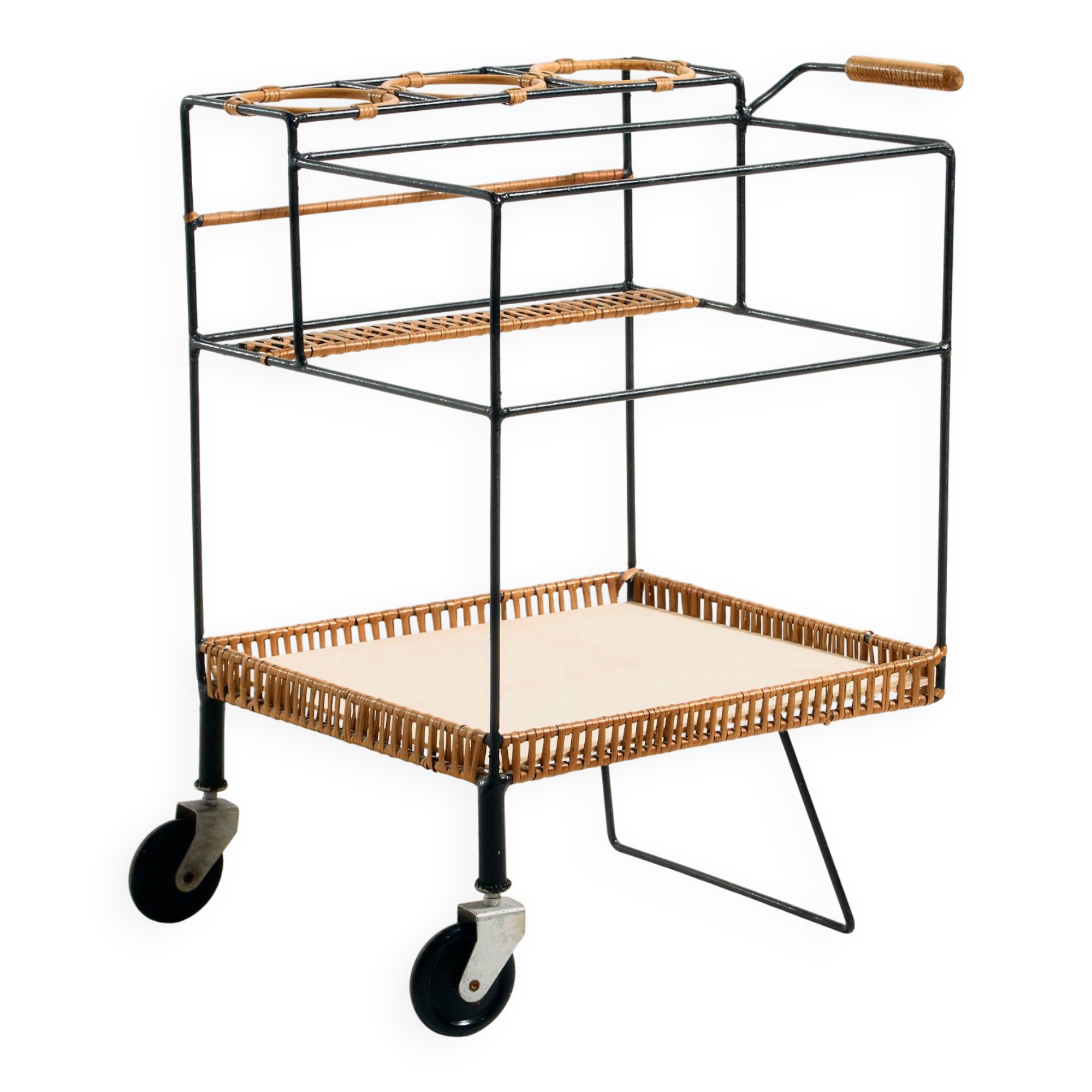 Metal cart with bamboo and wicker details.