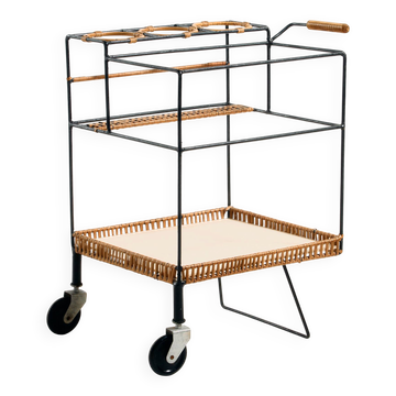Metal cart with bamboo and wicker details.