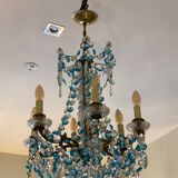 Chandelier with blue crystal pimples, 6 lights, Baccarat, 1950, art nouveau style