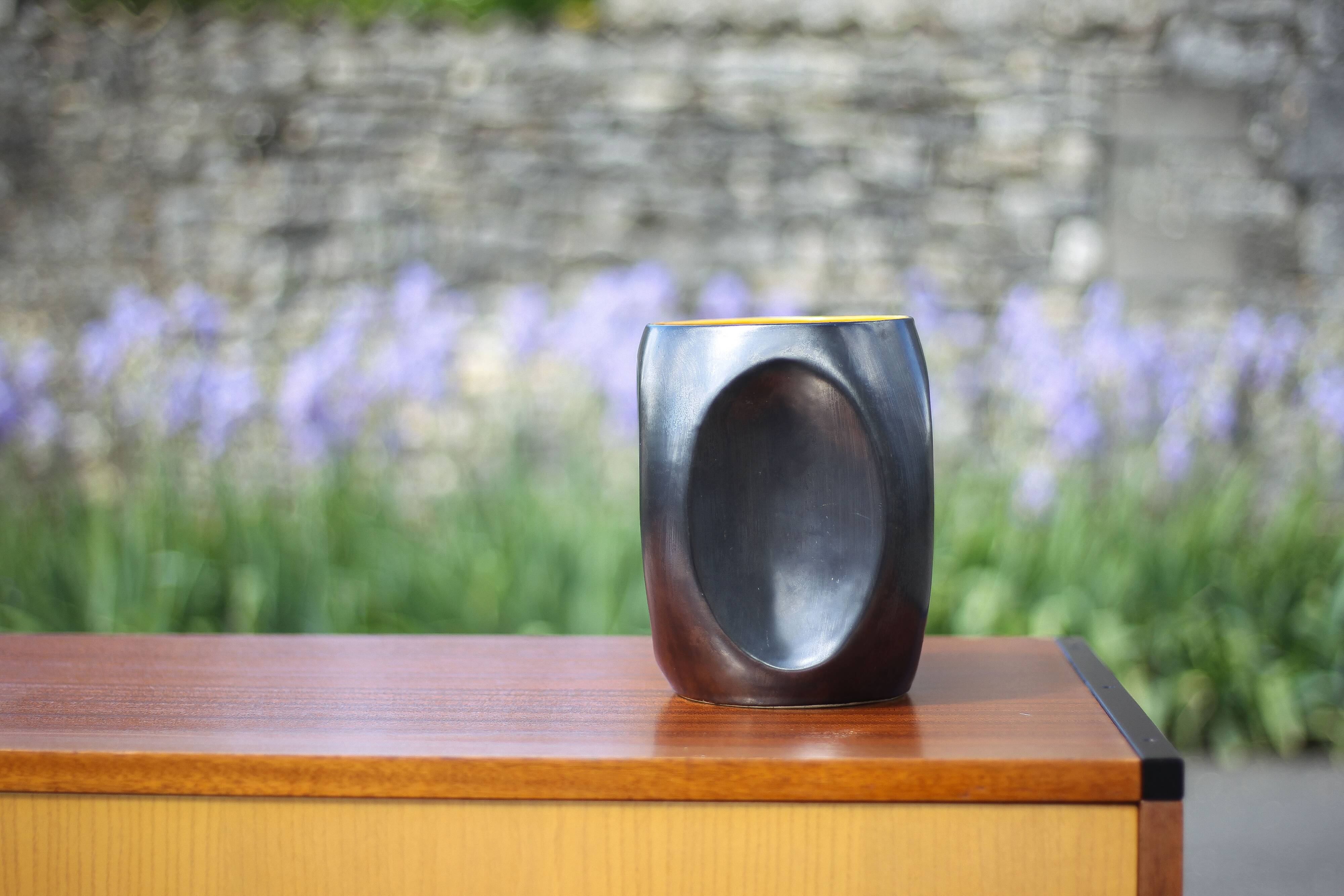 Vallauris modernist cubic vase enamelled black with orange interior, vintage vase, collection, decoration