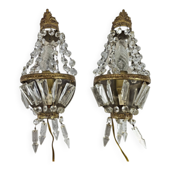 Vintage - gold-plated - crystal - set of wall lamps - France - 2nd half of