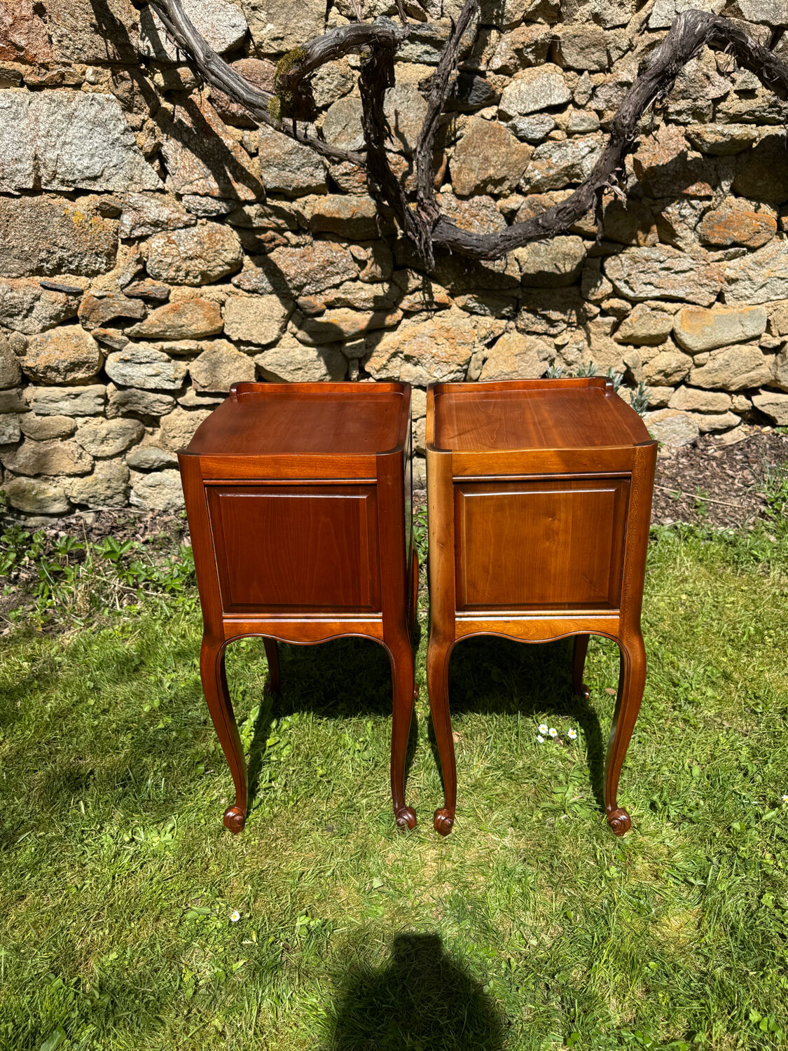 Pair of Louis XV style bedside tables in cherry wood, 1950s/70s.