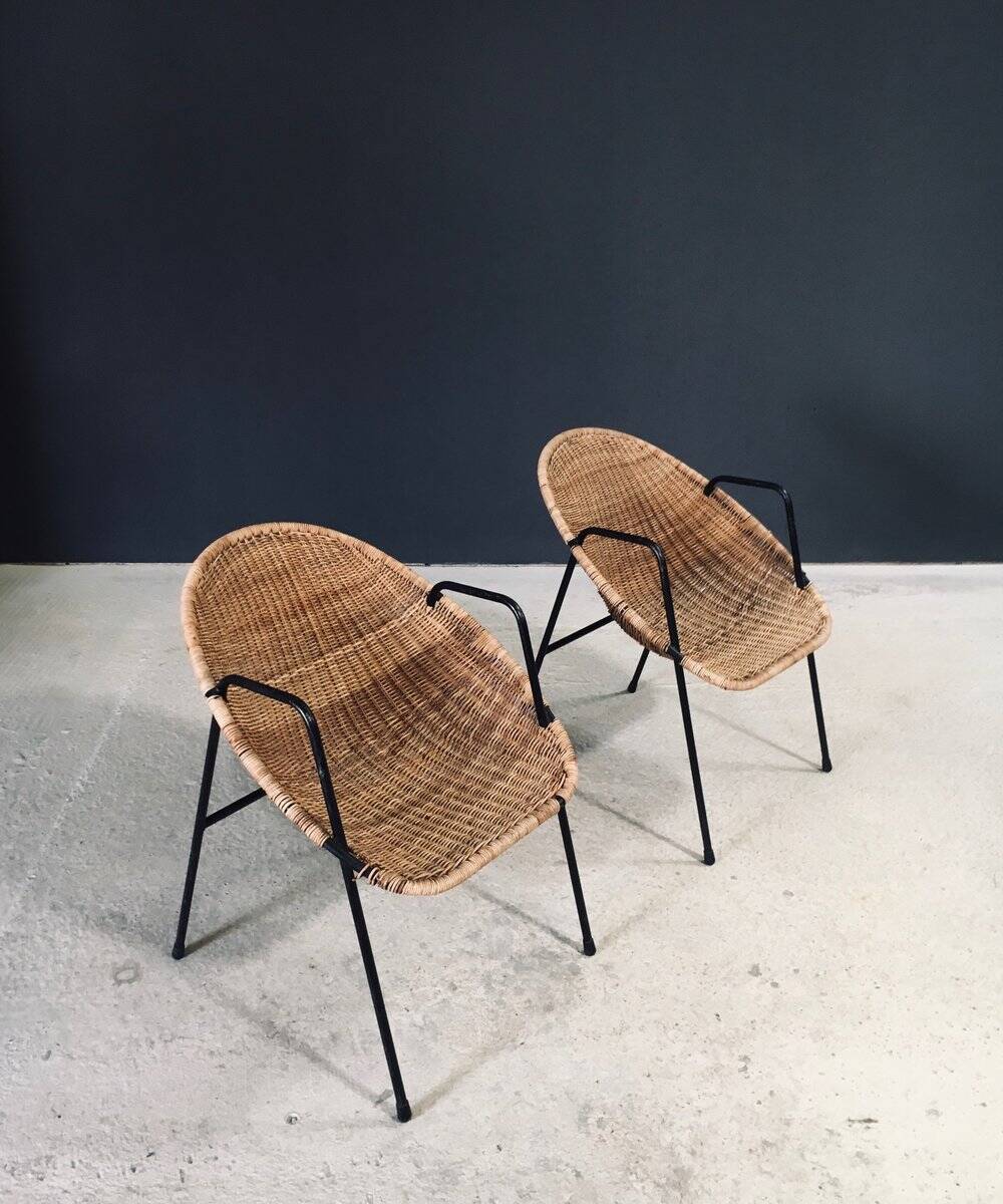 Mid-Century Modern Rattan Armchairs, France, 1950s, Set of 2