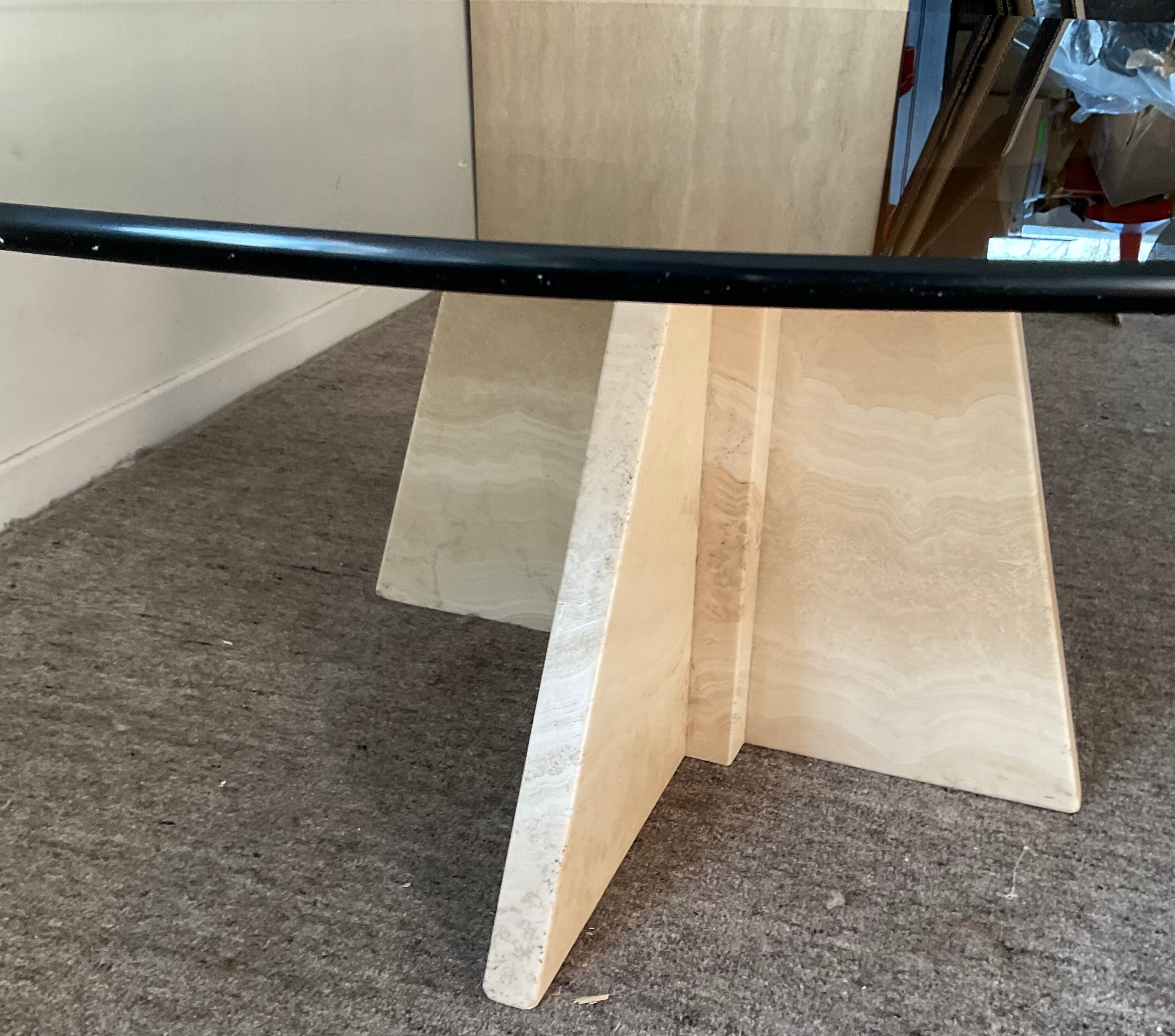 Vintage coffee table in travertine and smoked glass 70s