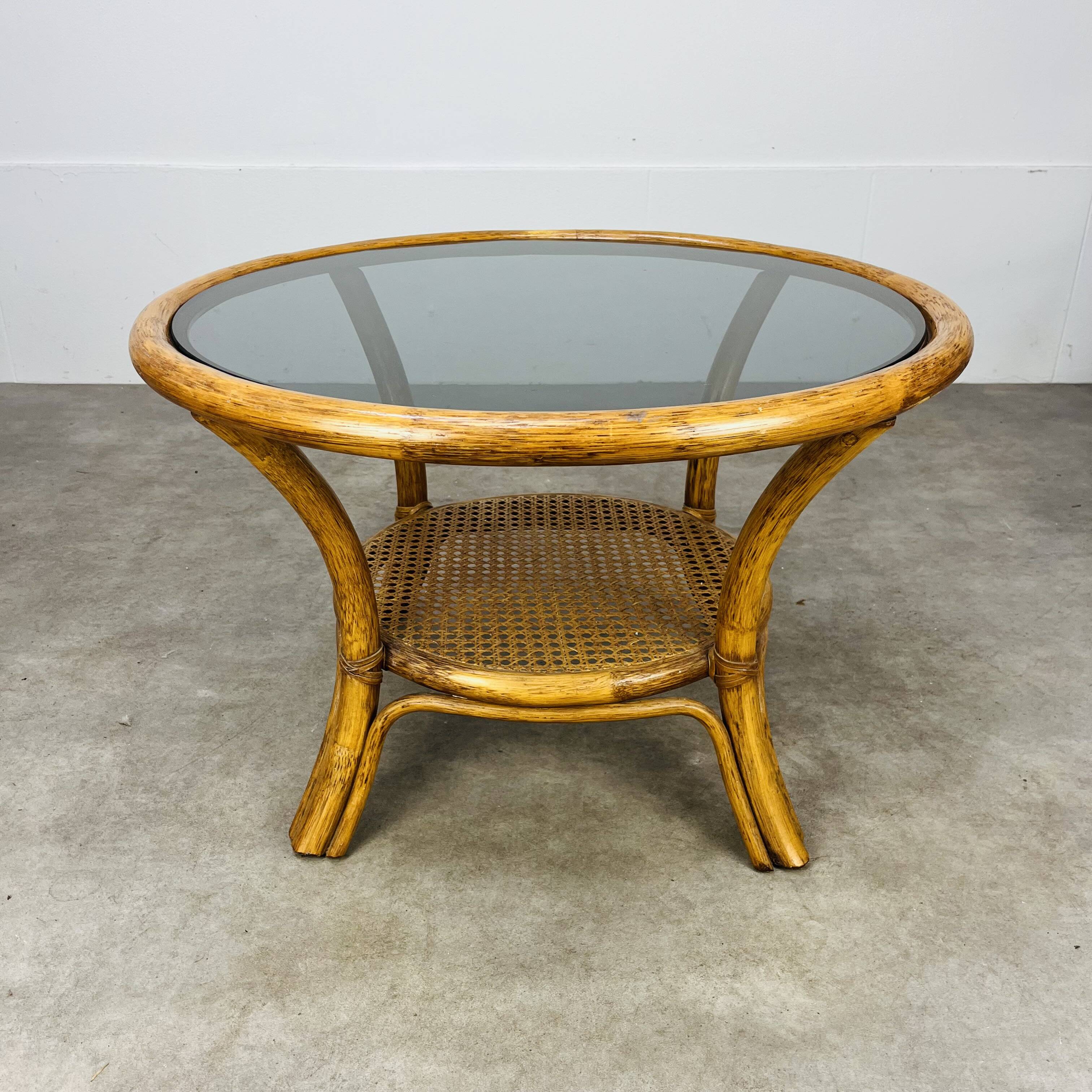 Round rattan smoked glass coffee table, 60s