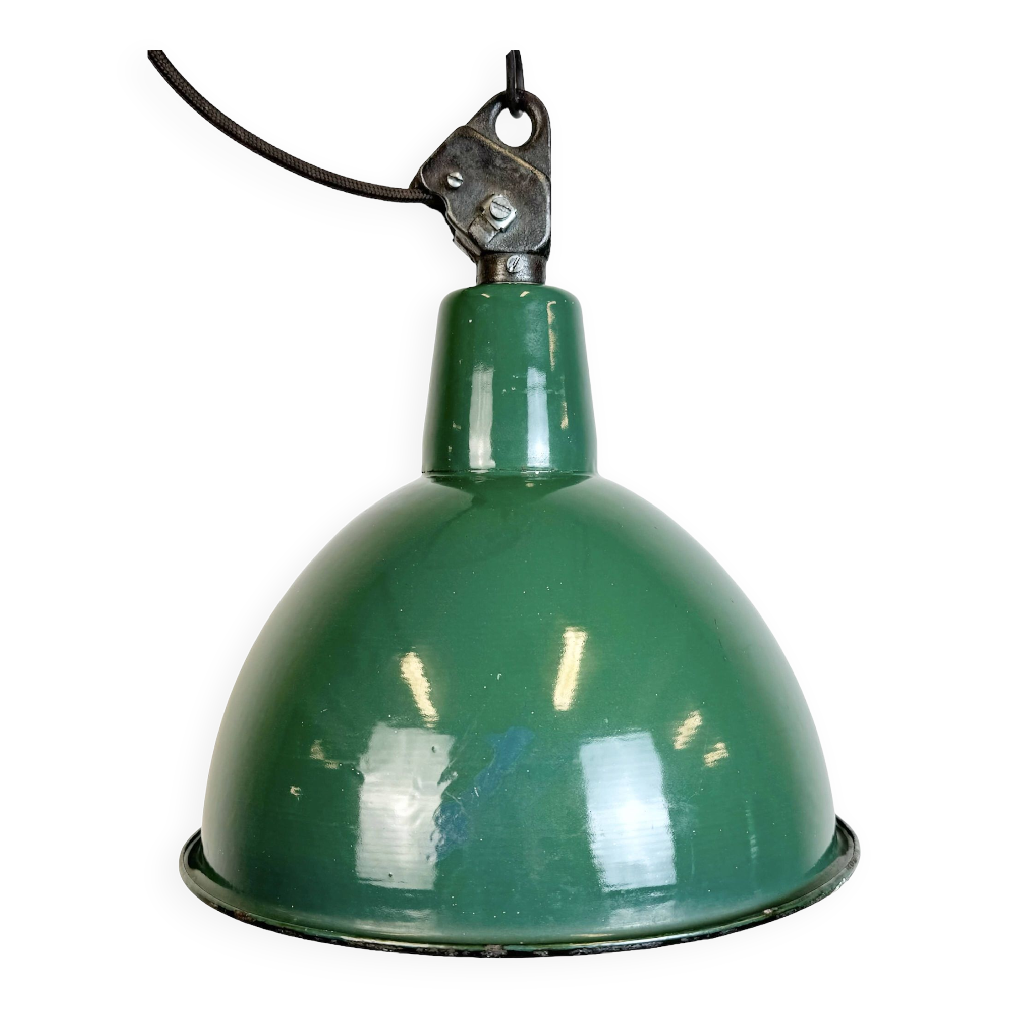 Industrial green enamel factory lamp with cast iron top, 1960s