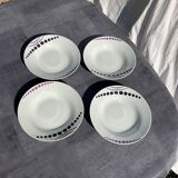 Vintage white hollow plates with purple polka dots