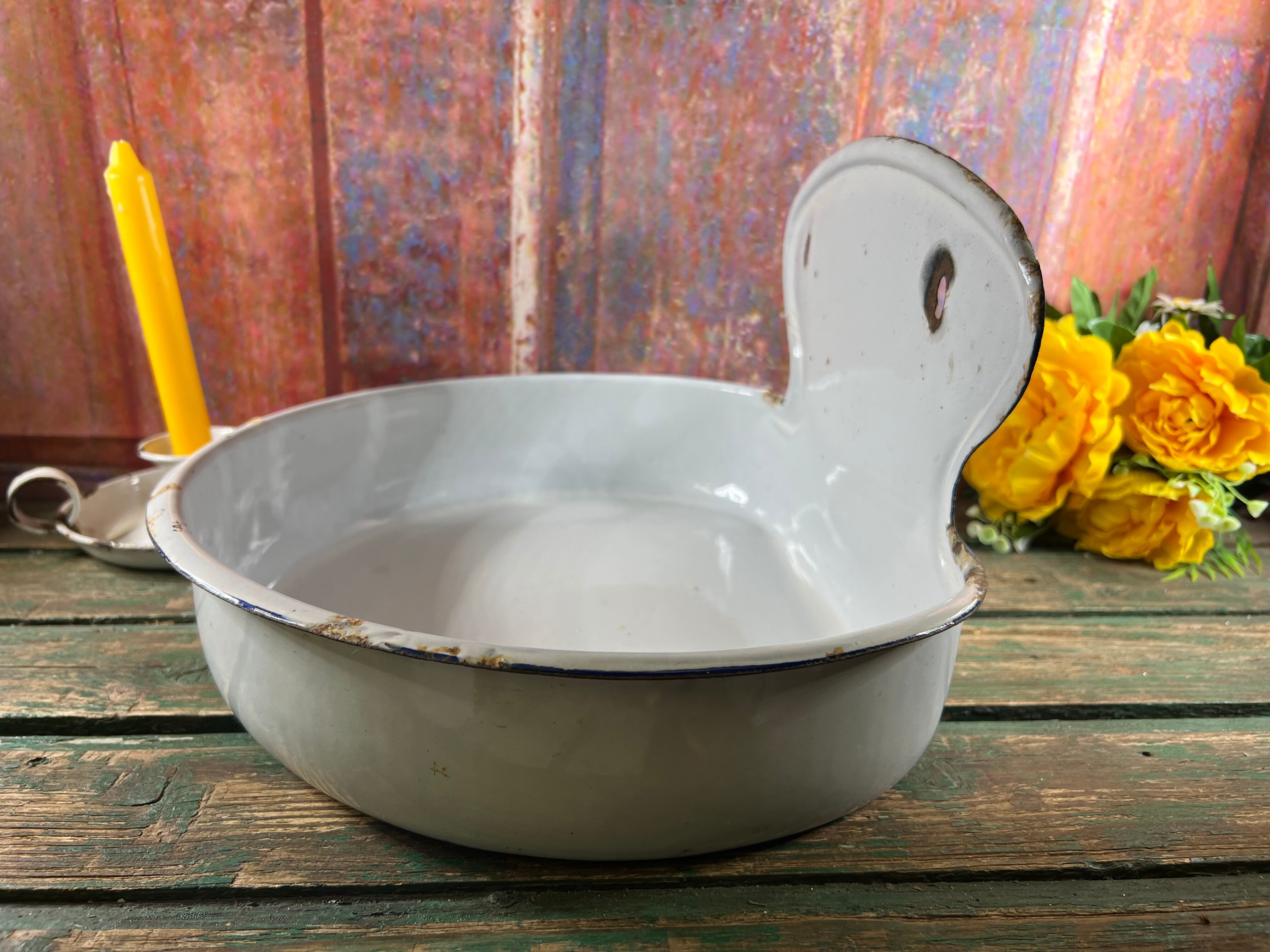 Old white enamelled hand washbasin or gardener enamel garden