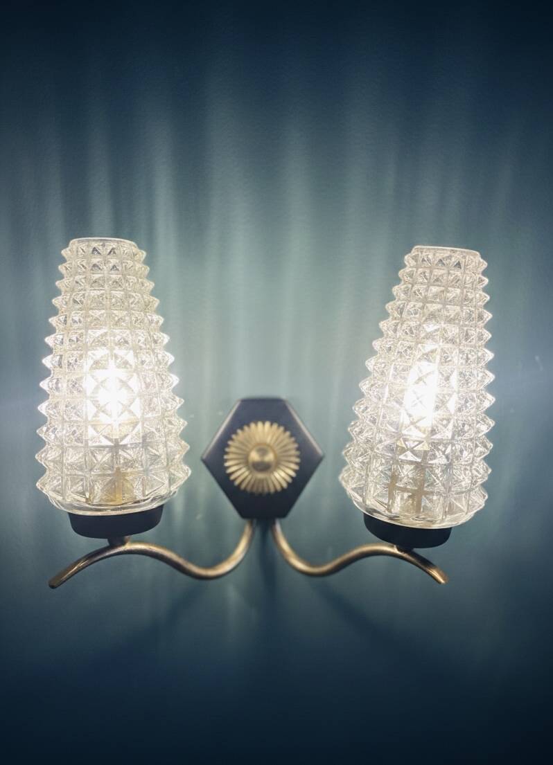Double applique Mid Century Modern attributed to Maison Arlus, brass and glass.
