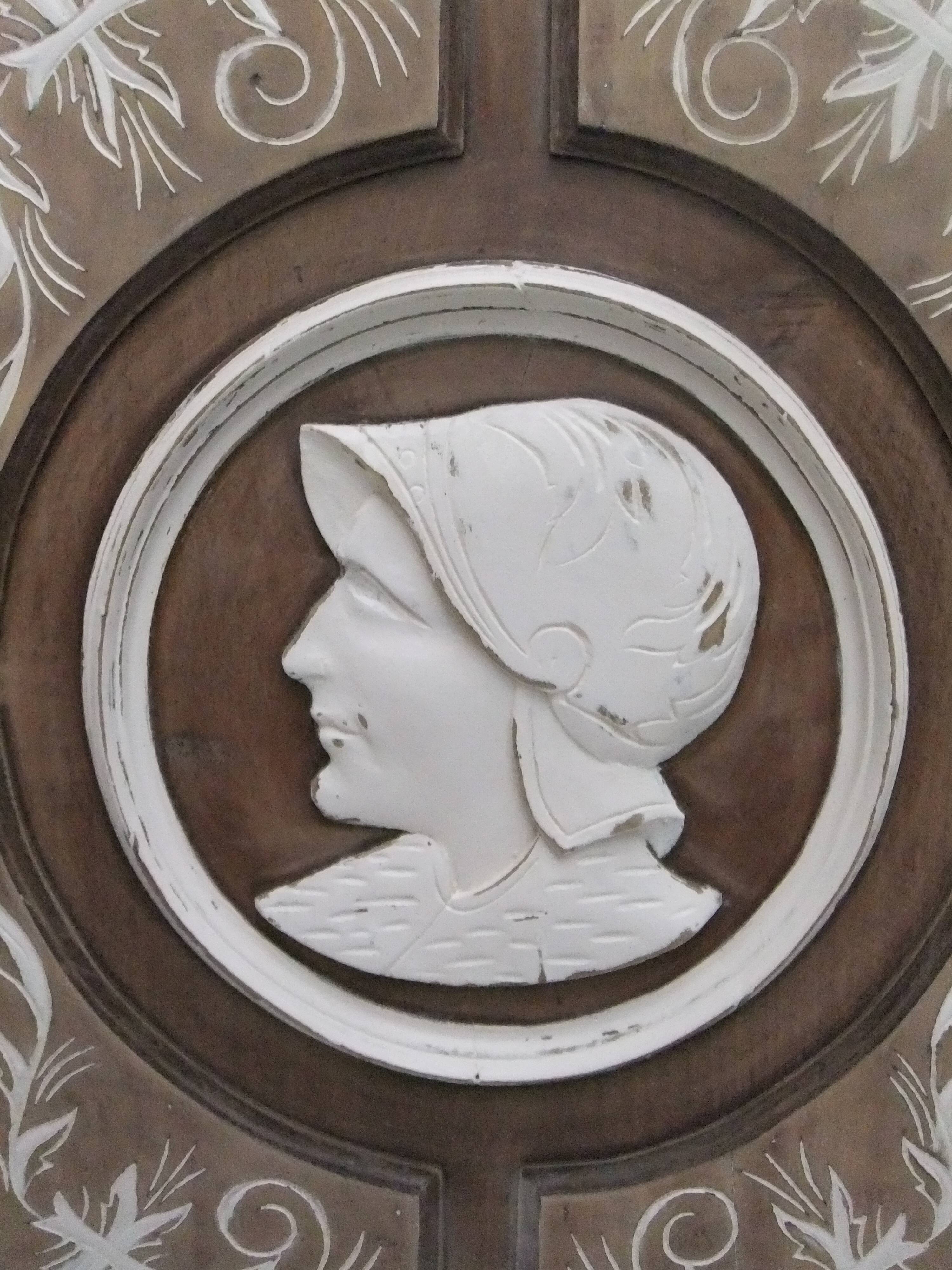 Large bas relief painting medallion woman patina wooden frame ornament