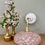 Elbow wall light, vintage glass lampshade from Clichy in pink.