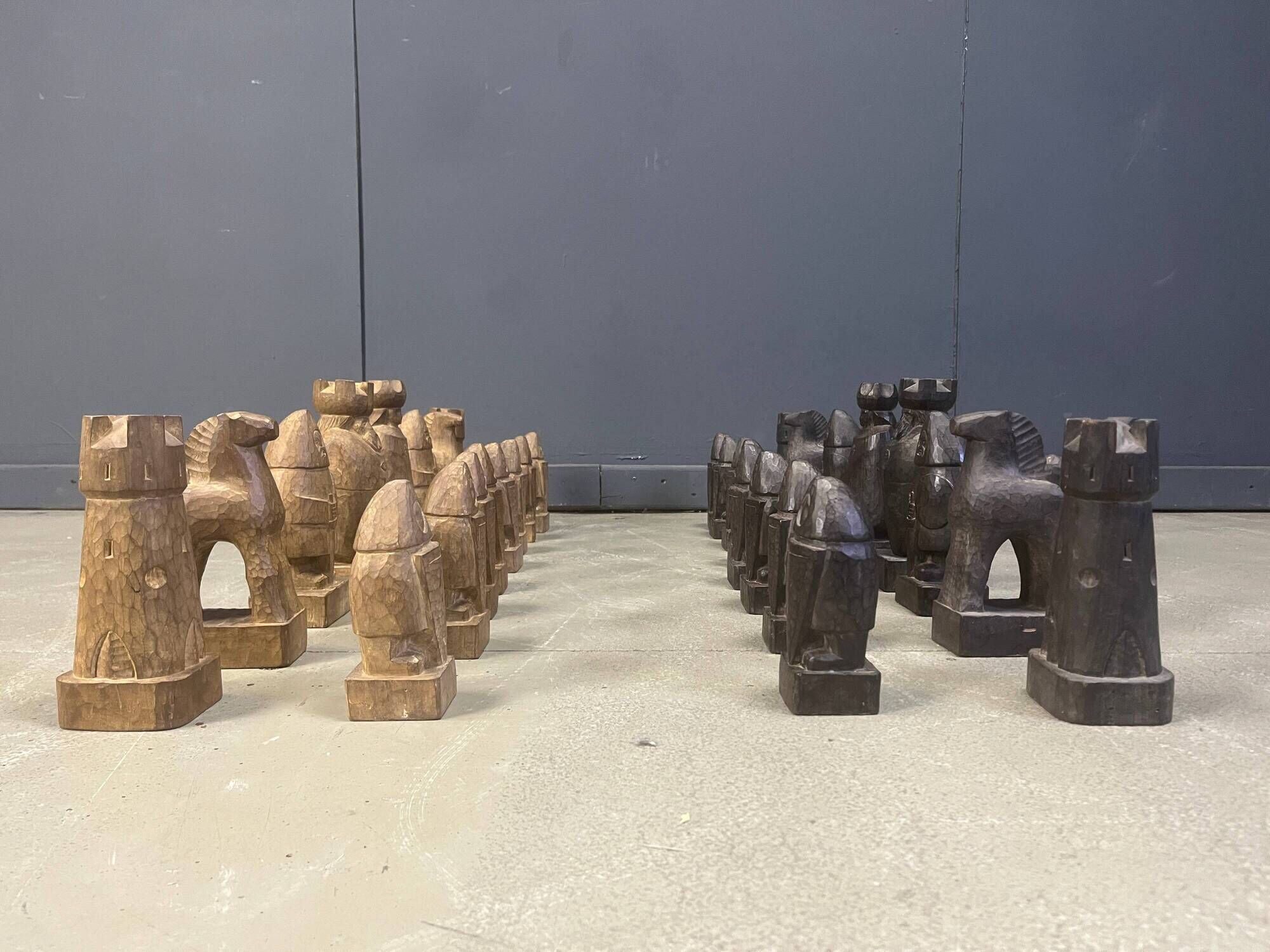Large hand crafted wooden chess figure set, 1960s