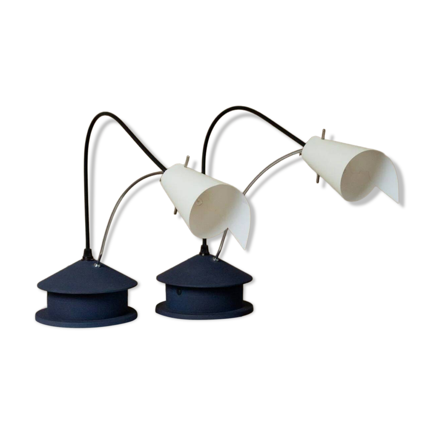 Vintage blue metal table lamp with adjustable chrome neck and white plastic origami shade, 1980s Italy