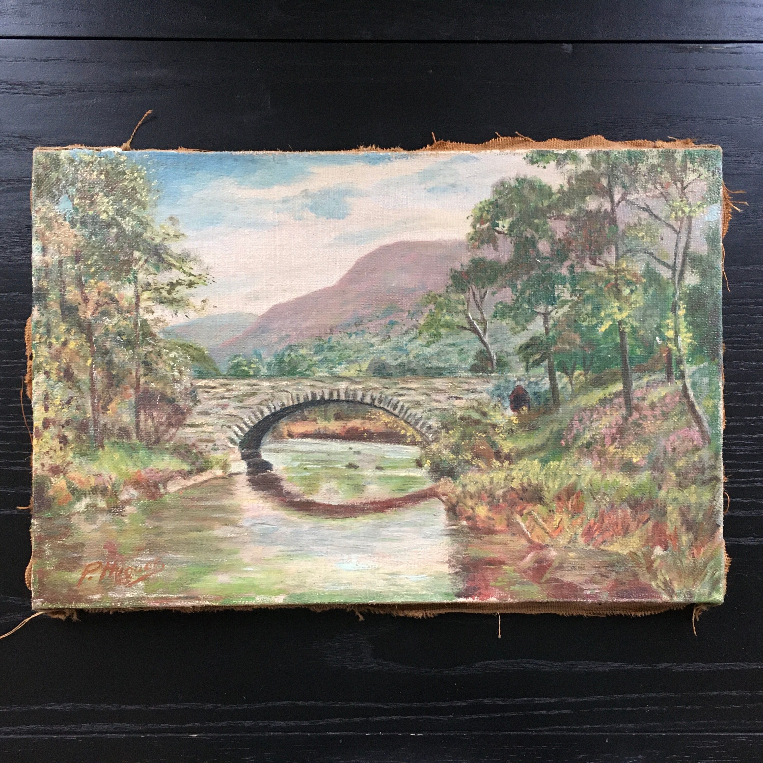 Old painting of the bridge over the river