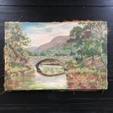 Old painting the bridge over the river