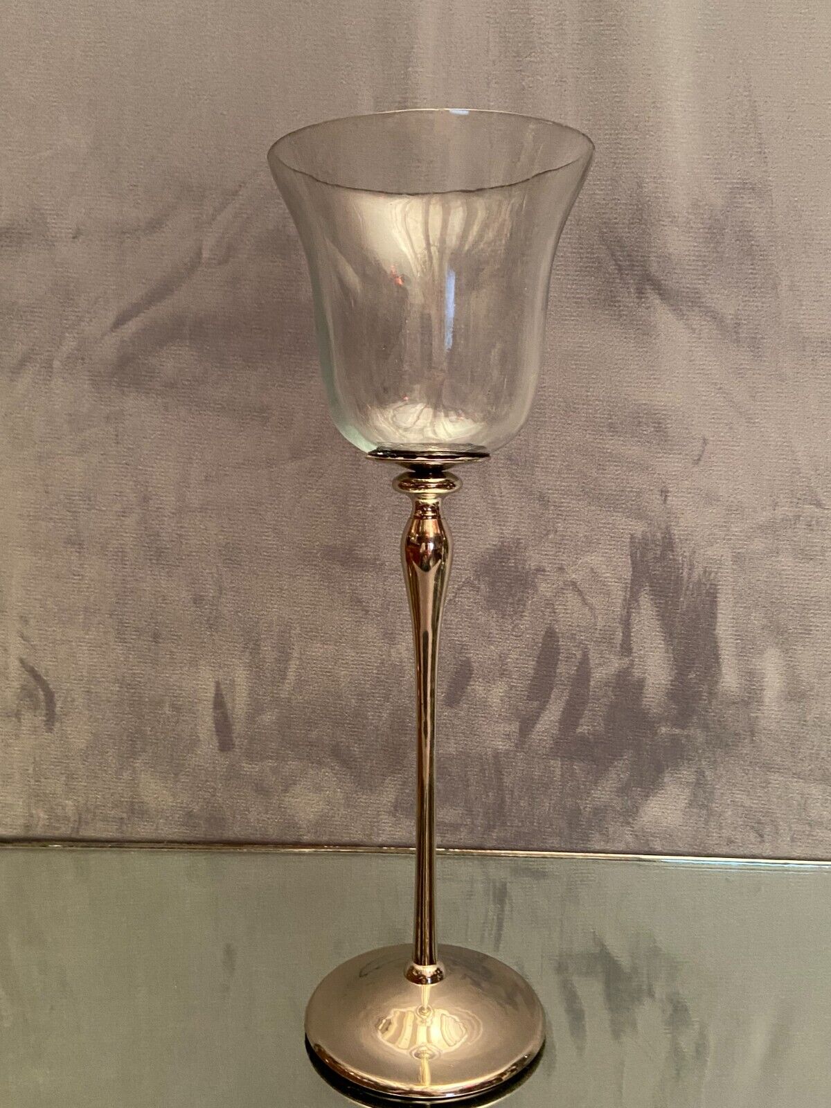 Glass photophore on high metal foot with silver patina