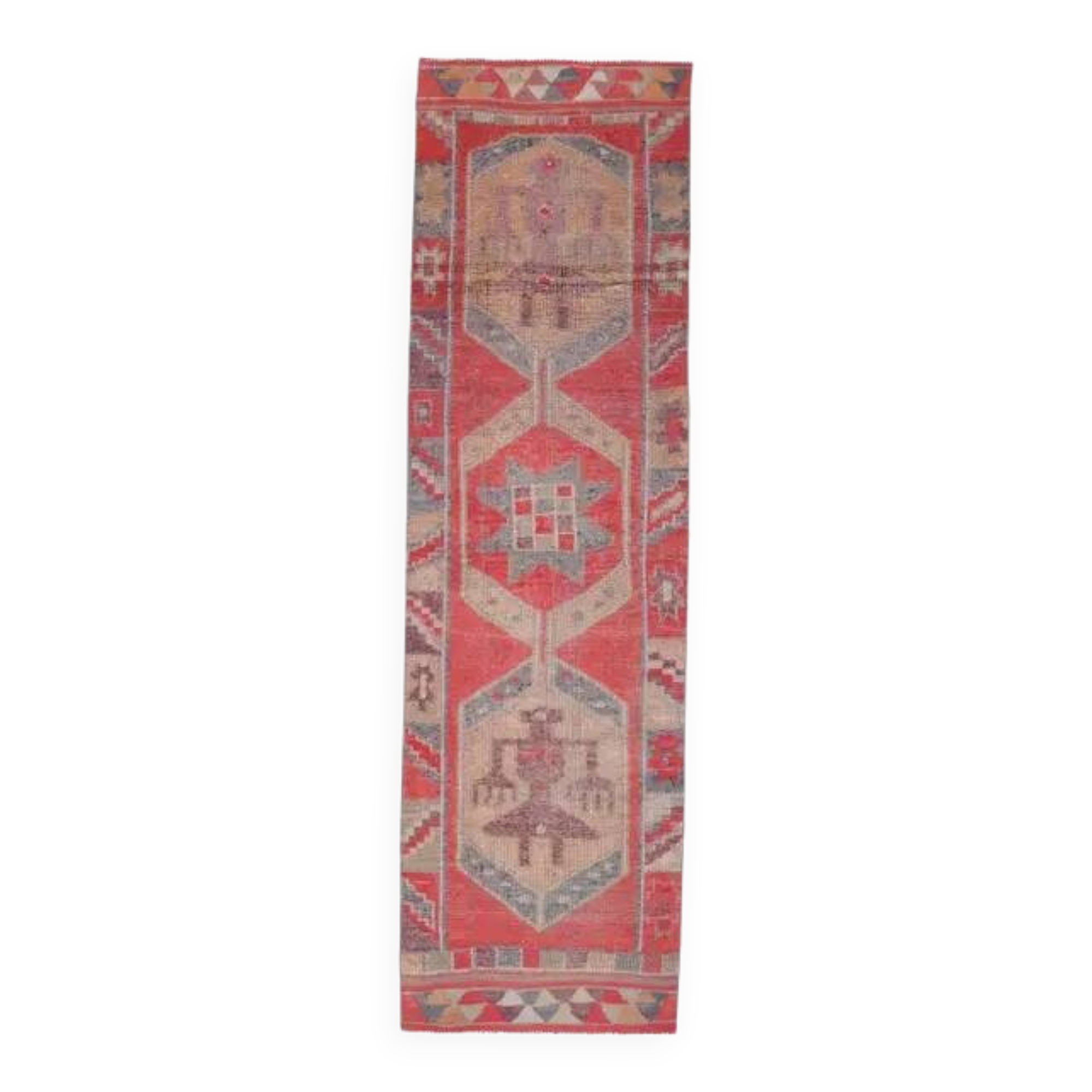 1970s Turkish Oushak Handmade Wool Cotton Red Runner Rug 86x344