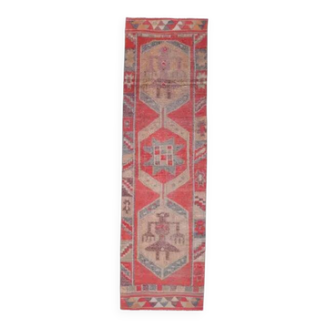 Tapis couloir en laine et coton fait main Oushak turc des années 1970, 86x344.